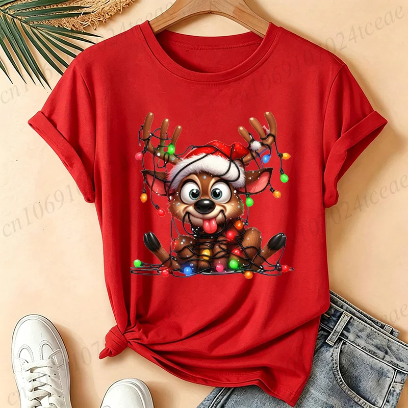 Women Cute Reindeer Christmas Lights Graphic T‑Shirt Funny Santa Hat Deer Printed Short Sleeve Tops Xmas Holiday Casual Tees