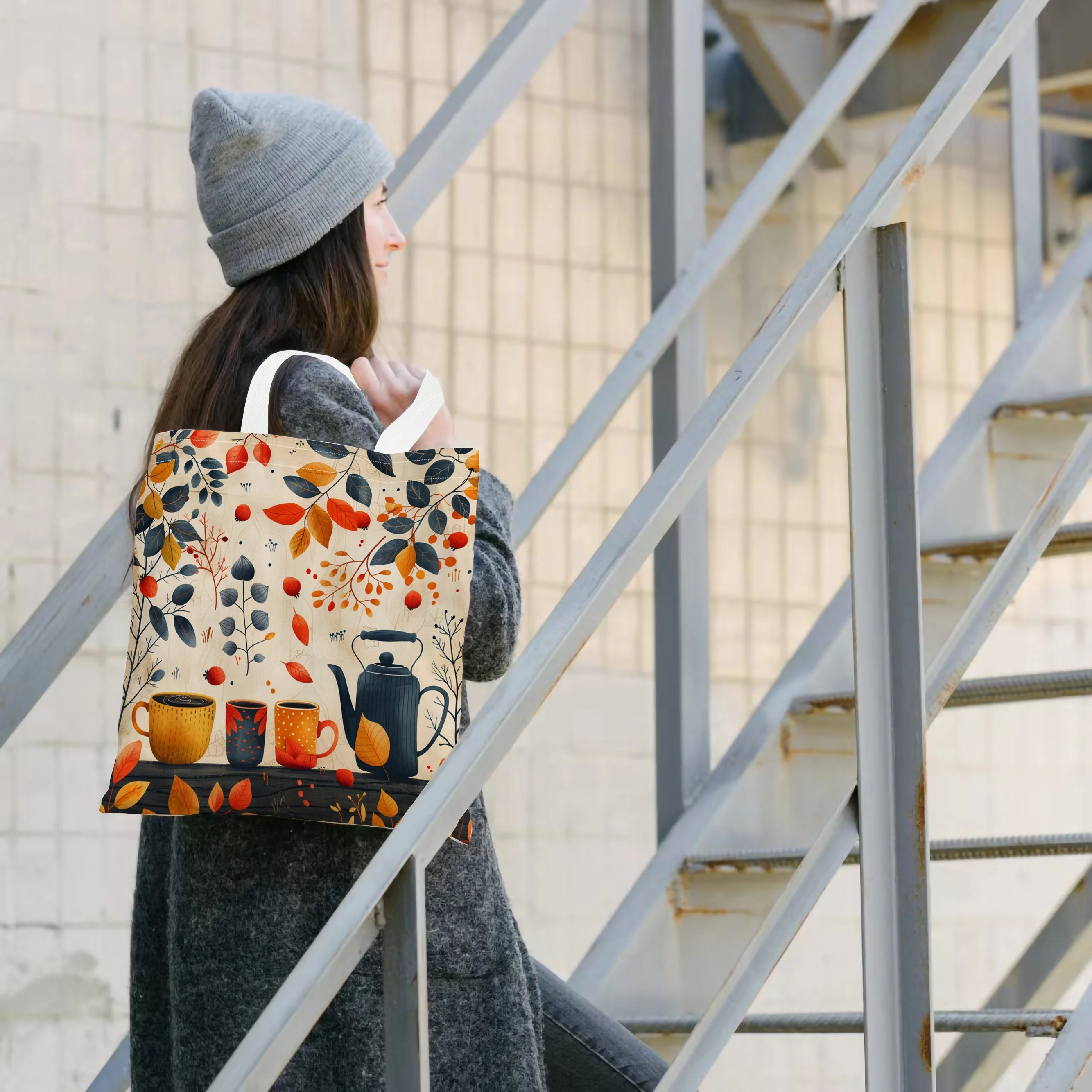 Autumn Tea Themed Canvas Tote Bag Spacious Durable Perfect for Everyday Use Shopping Multi Functional and Large Capacity Bags