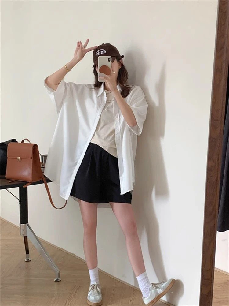 

plus Size Women's Neck Short Sleeve Shirt Loose Fit Casual Wear Pure Color Korean Style Summer Fashion Big Size Clothing