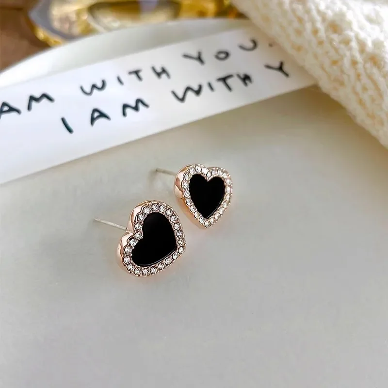 Engagement Enamel Cute Heart Stud Earrings for Women Girls Summer Jewelry Luxury Black Earring Wedding Jewelry 2023 Girls Gifts