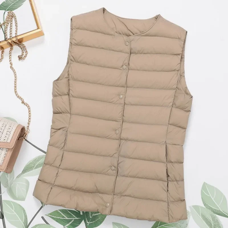 Новое поступление 2025, осенне-зимнее теплое женское пальто без рукавов с подкладкой на талии, женский ультра легкий белый жилет на утином пуху, куртки