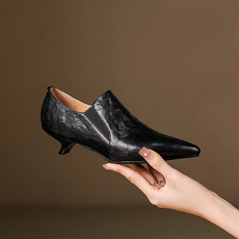

НОВЫЕ осенне-весенние женские туфли-лодочки, женская обувь из натуральной кожи, туфли на каблуке с острым носком, элегантные черные повседневные туфли без шнуровки