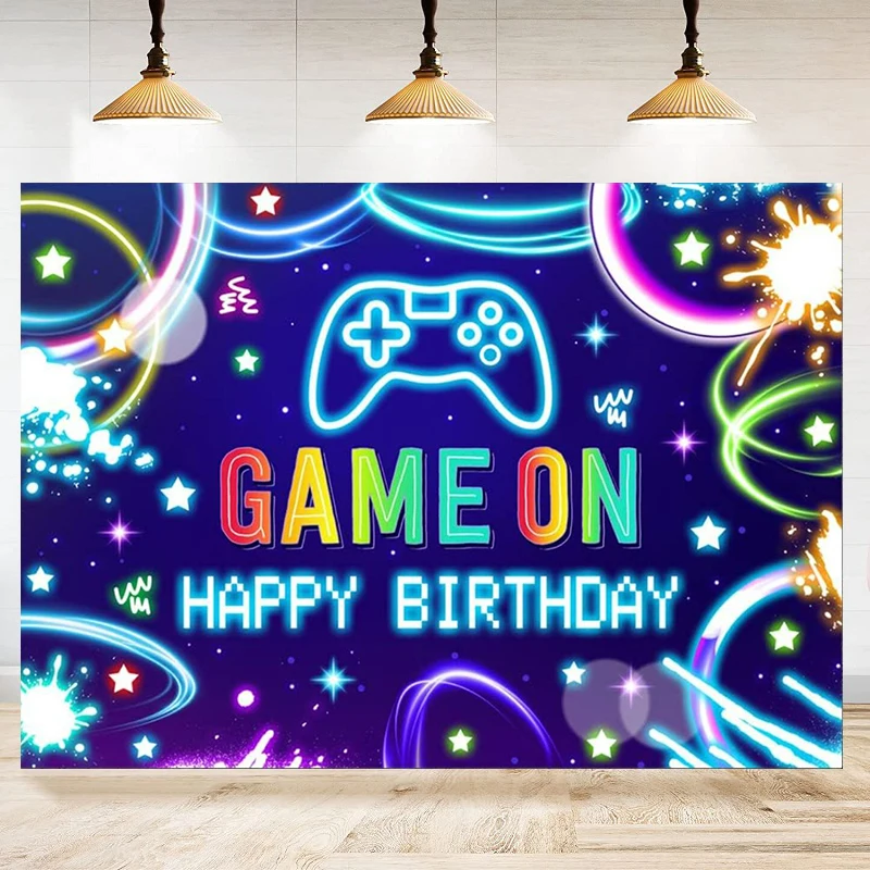 

Neon Game Controller Black And Blue Background Backdrop Kids Birthday Party Supplies Gamer Party Decoration Banner