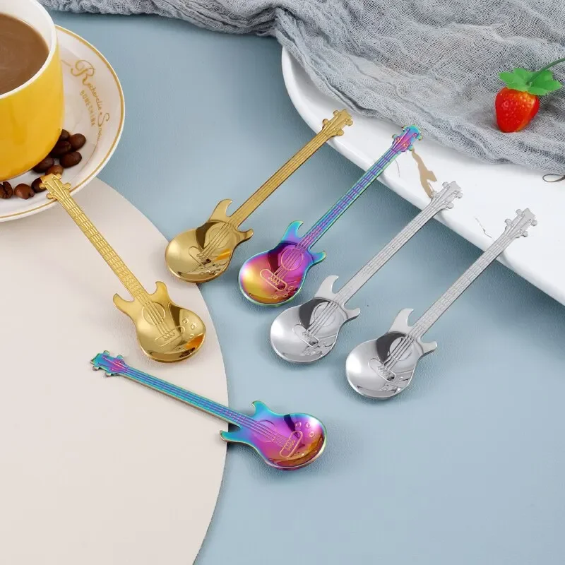 3pcs Stainless Steel Guitar Shaped Love Coffee Spoon Teaspoon Children Spoon New Beautiful 3 Colors Coffee Tea Use Kitchen Spoon