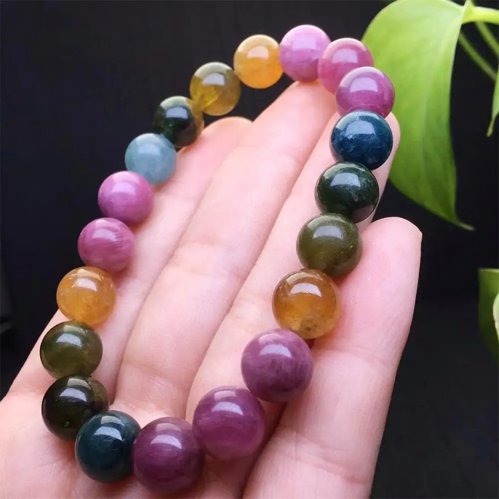 10MM Natural Colored Tourmaline Bracelet Women Trendy Reiki Healing Elastic Yoga Energy Wristband Jewelry Gift 1pcs