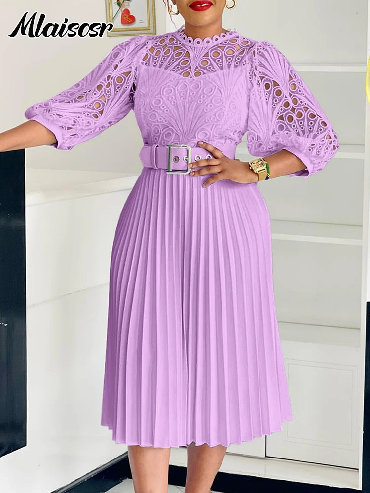 

Mlaiscsr Fashion Vacation Mid Dress for Women 3/4 Sleeve A line Pleated Embroidery Hollow Dresses with Belt Female African Robe