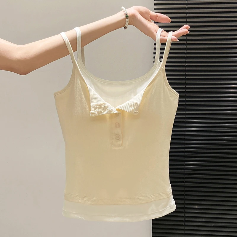 Faux Camisole deux pièces pour femmes, mode printemps-automne, court, Slim, coussin de poitrine, débardeur, vêtements de rue épicés pour filles