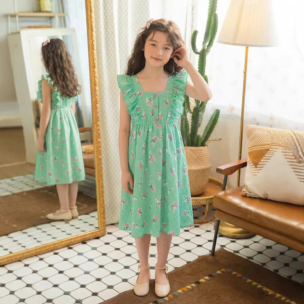 Girls Green Gingham Peach Floral Print Square Neck Ruffle Sleeveless Tiered Dress Casual Summer Beach Vacation Kids Sundress
