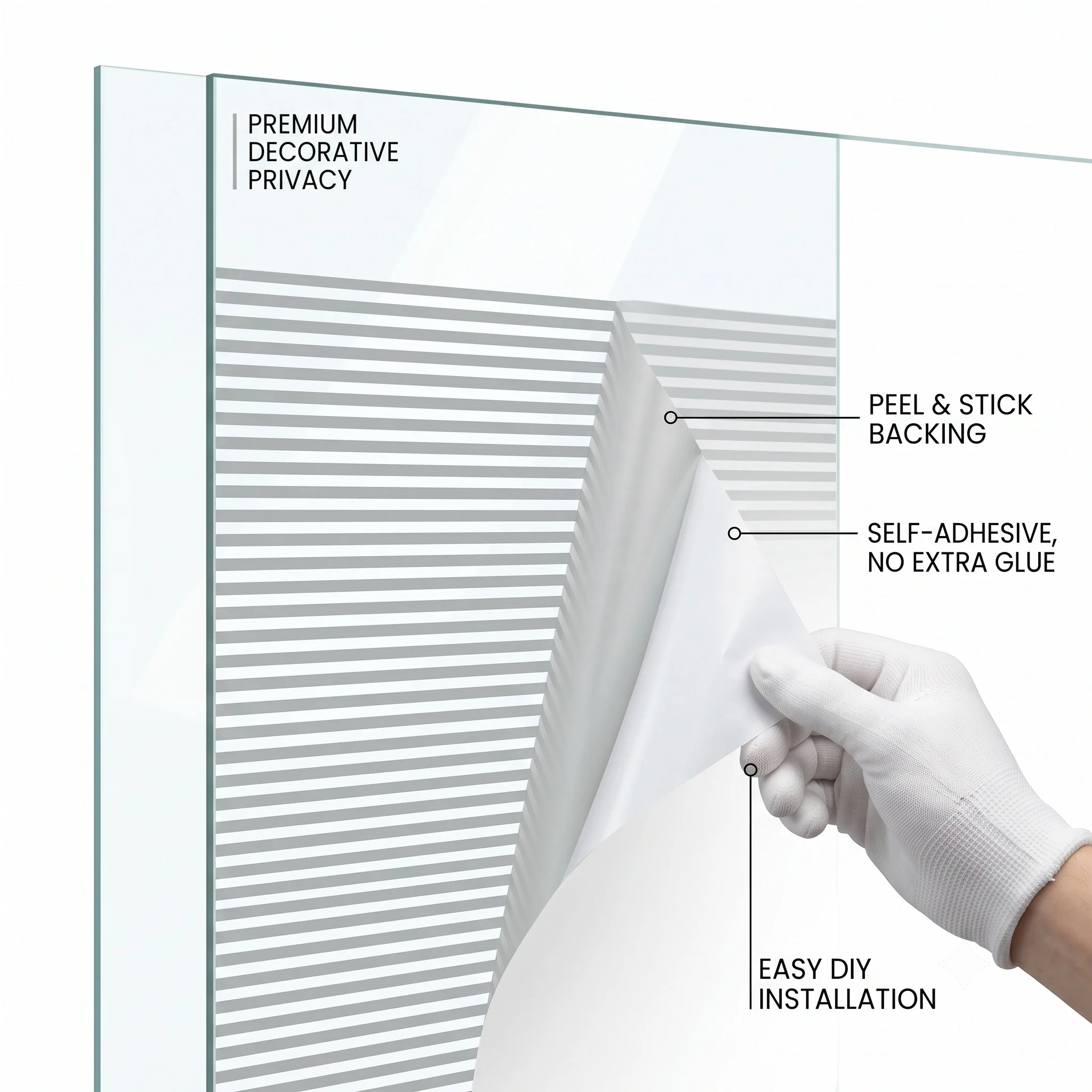 100% Privacy Self-Adhesive Horizontal Stripe Window Film Frosted Glass Sticker UV-Block Waterproof Easy Clean Decor for Bathroom
