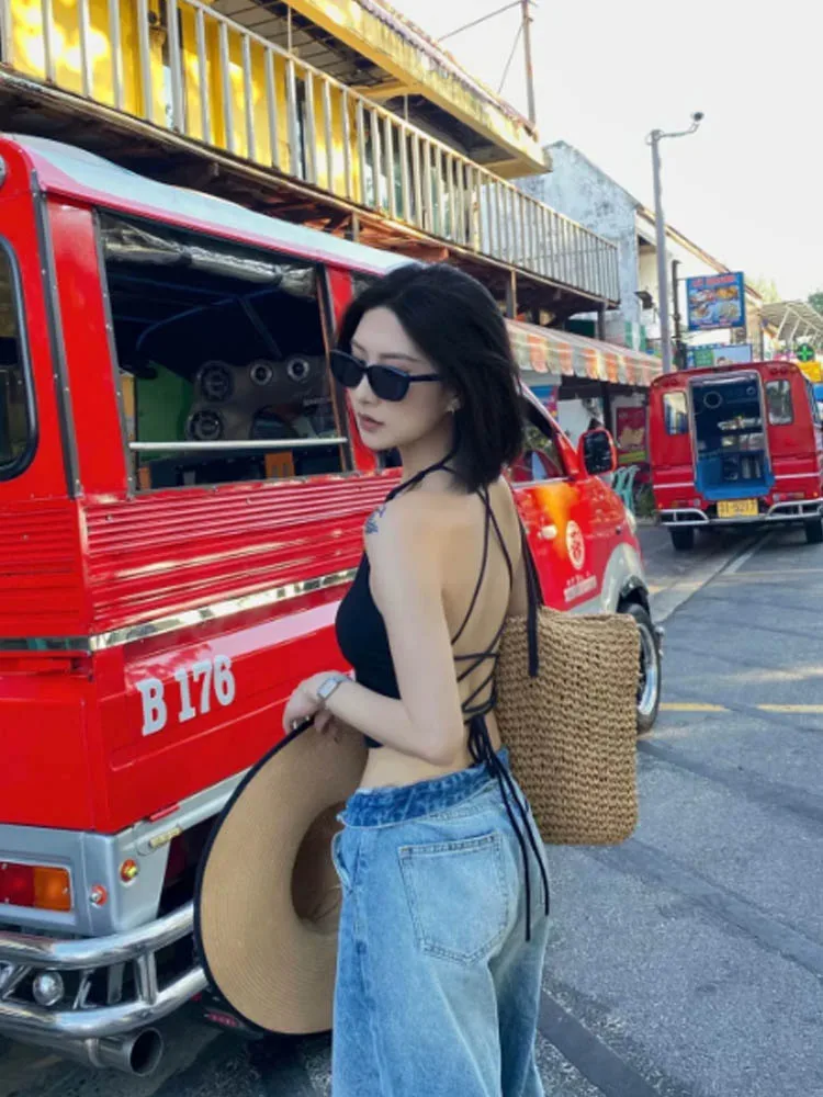 Summer street hot girl pure desire girl strapless vest American split waist short top for women