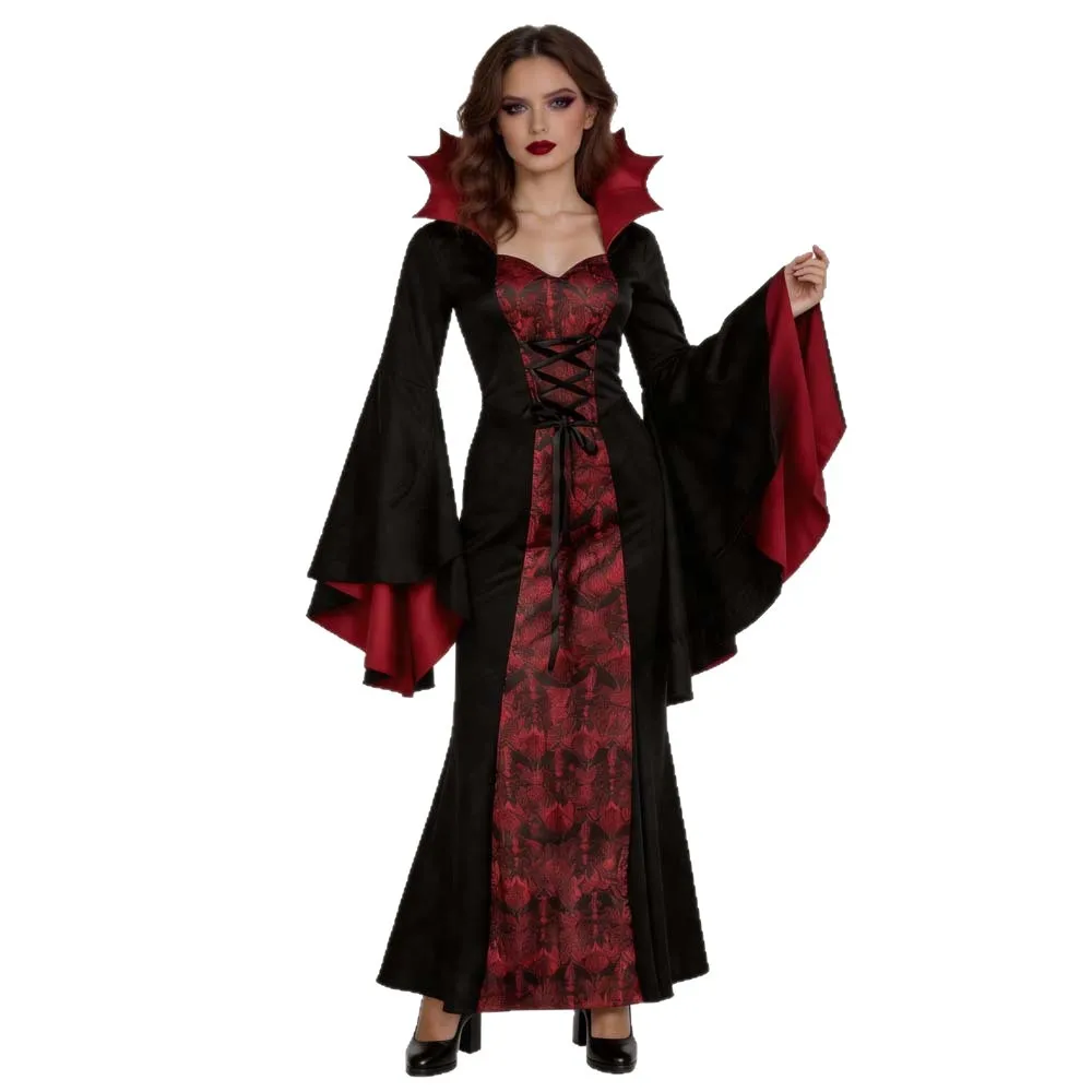 

Gothic Vampire Cosplay Costume Medieval Retro Hooded Witch Robe Halloween Red Ghost Bride Dress