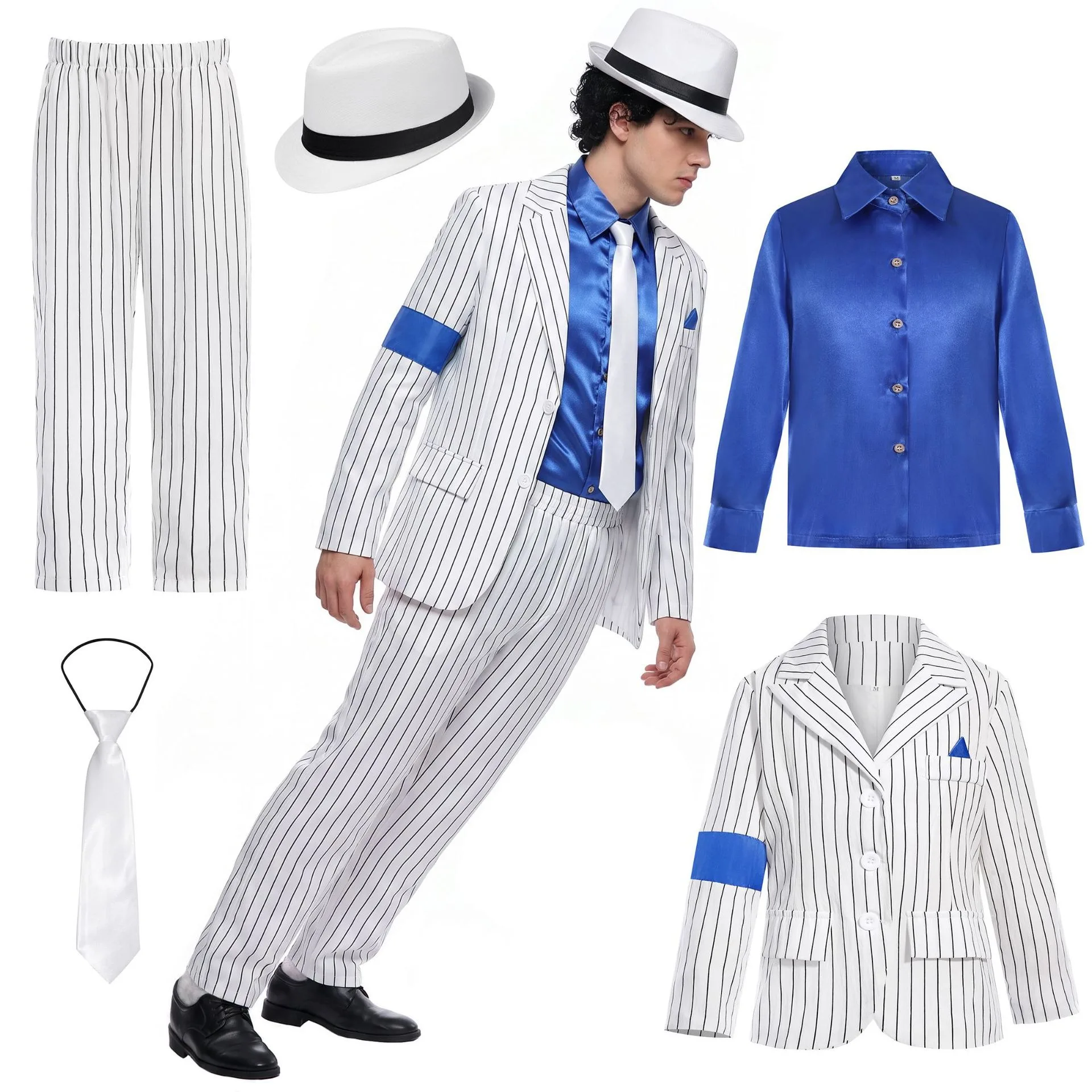 Traje de Cosplay de Bailarín de Michael Jackson para Adultos, Traje de Actuación en Escenario para Hombres, Chaqueta y Pantalones a Rayas Blancas, Ropa de Fiesta de Halloween de MJ