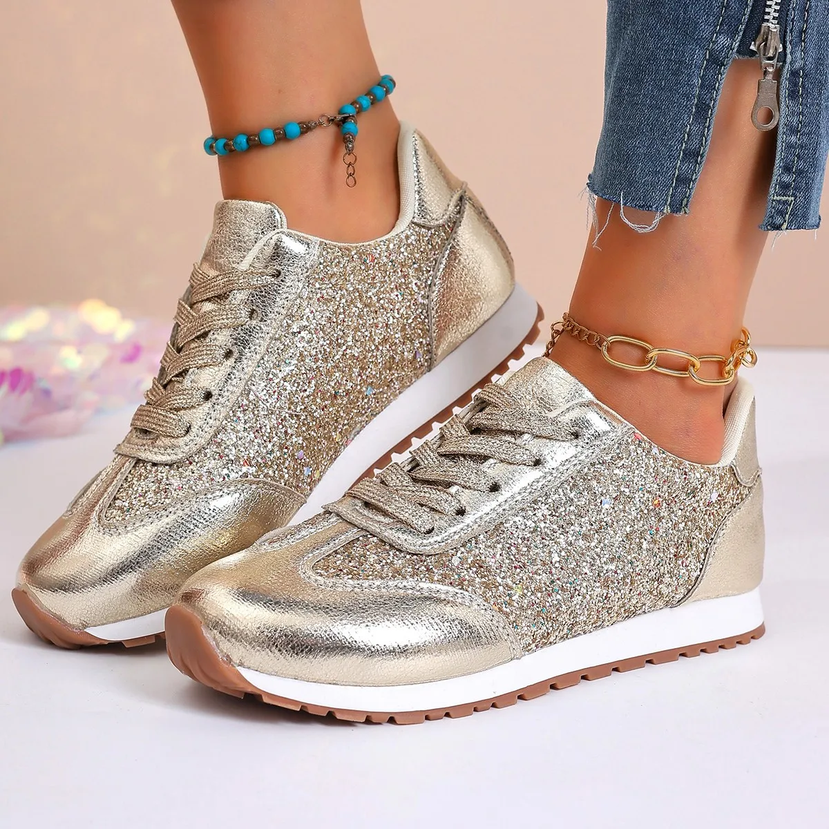 

2026 Autumn New Fashion Slip-on Low-heeled Women Sneakers Gold Silver Trend Sport Shoes Ladies Outdoor Casual Walking Shoes