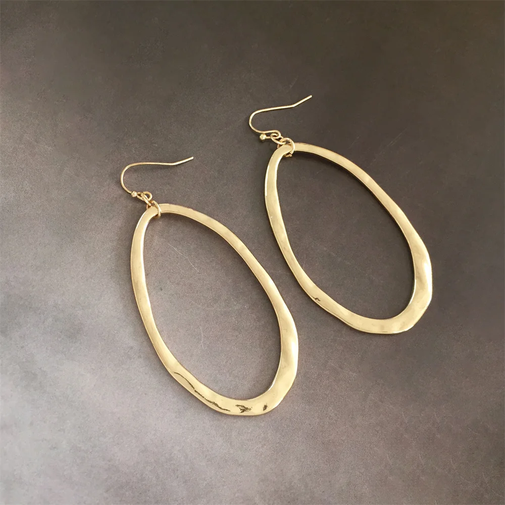 New Arrivals Gold Color Hammered Effect Big Oval Circle Drop Earrings For Women Girl Casual Classic Bohemia Jewelry