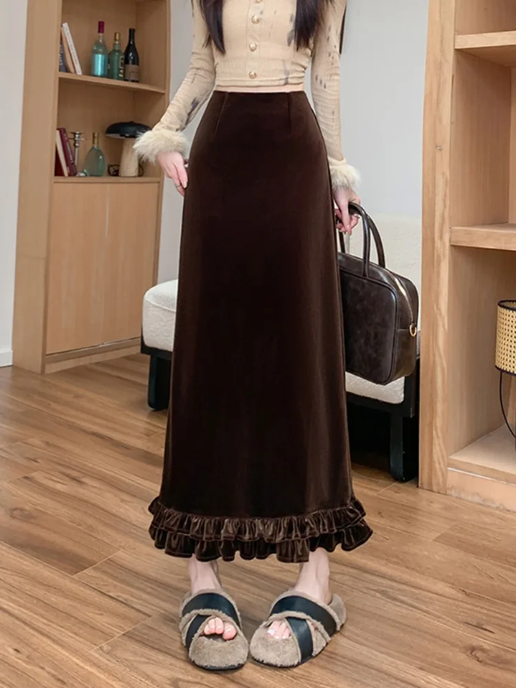 

Элегантная утягивающая юбка средней длины с высокой талией, женская осенняя новая бархатная полуюбка трапециевидной формы с дизайном деревянных краев
