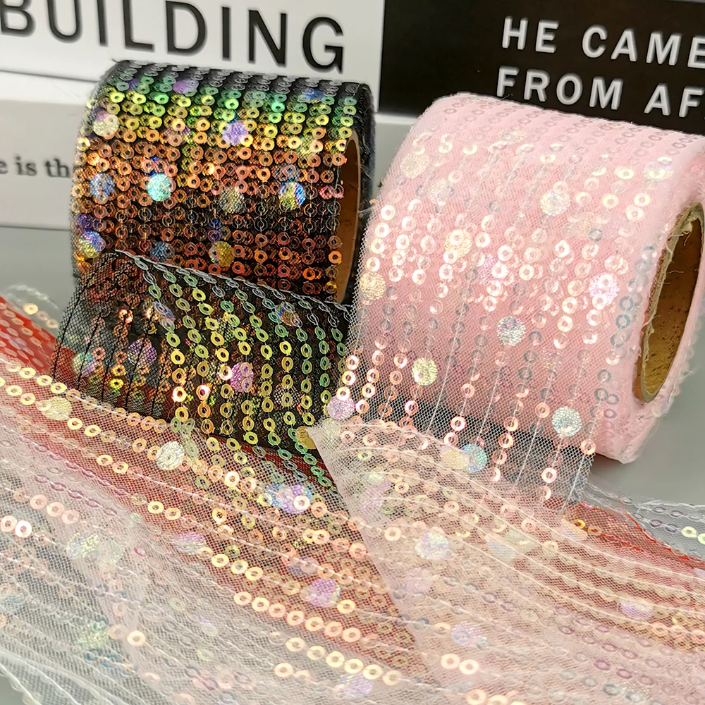 6cm 10yards Sequin Tulle Ribbon With Stirpes Circle Dot Paillette Embroidered Fabric Film DIY Hair Bows Dance Costum Dress  Trim