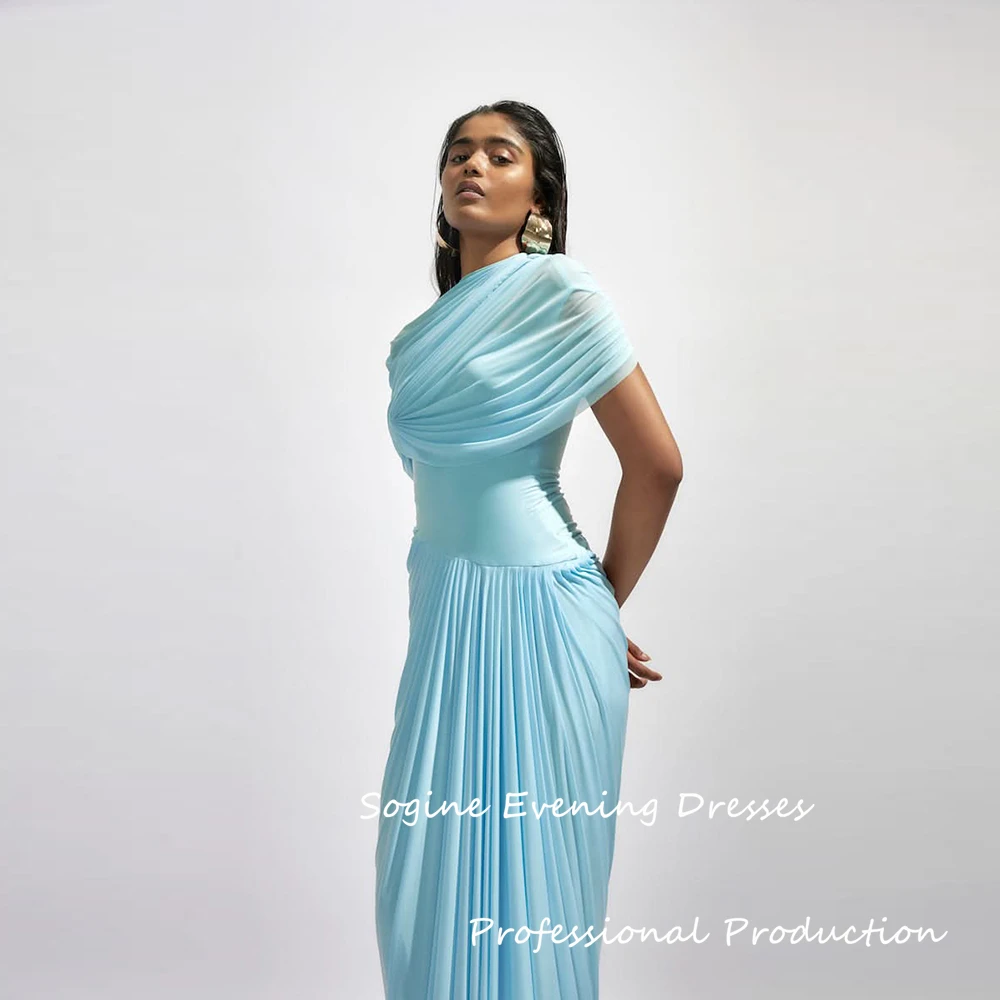 Vestidos de noite formais personalizados chiffon bainha vestido de baile gola alta plissado manga boné dia dos namorados longo vestido de cocktail