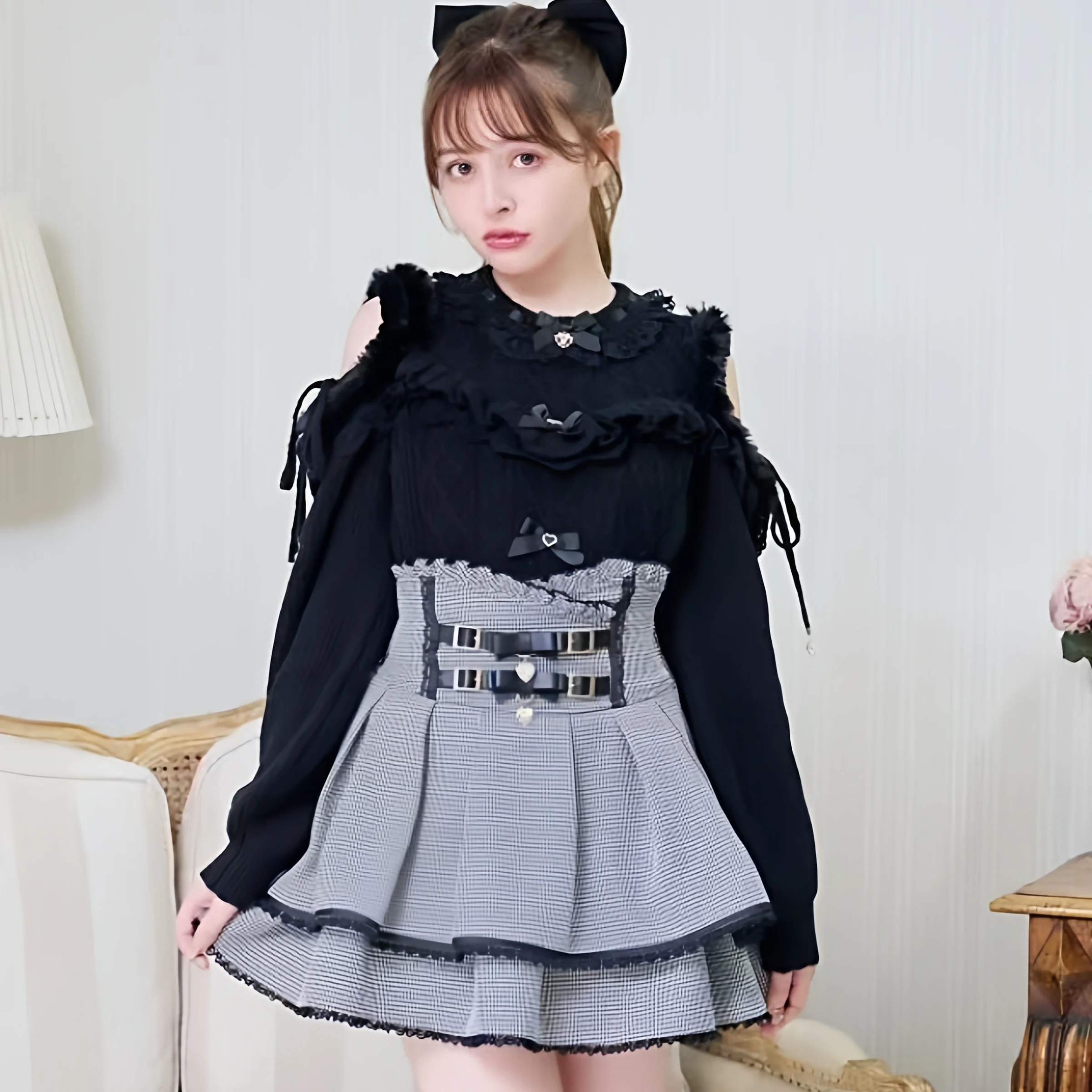 ليز سترة اليابانية الألغام الإنتاج الضخم لطيف الفتاة القوس خارج الكتف البلوزات الخريف الشتاء جديد المرأة بلوفر مغزول #2