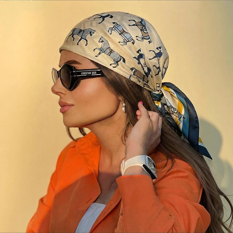 Neuer 70cm Damen-Haarschal, Seiden-Quadrat-Kopftuch für Frauen, Bandana, Modischer Foulard-Schal, Damen-Halstuch für den Sommer – Detail 9