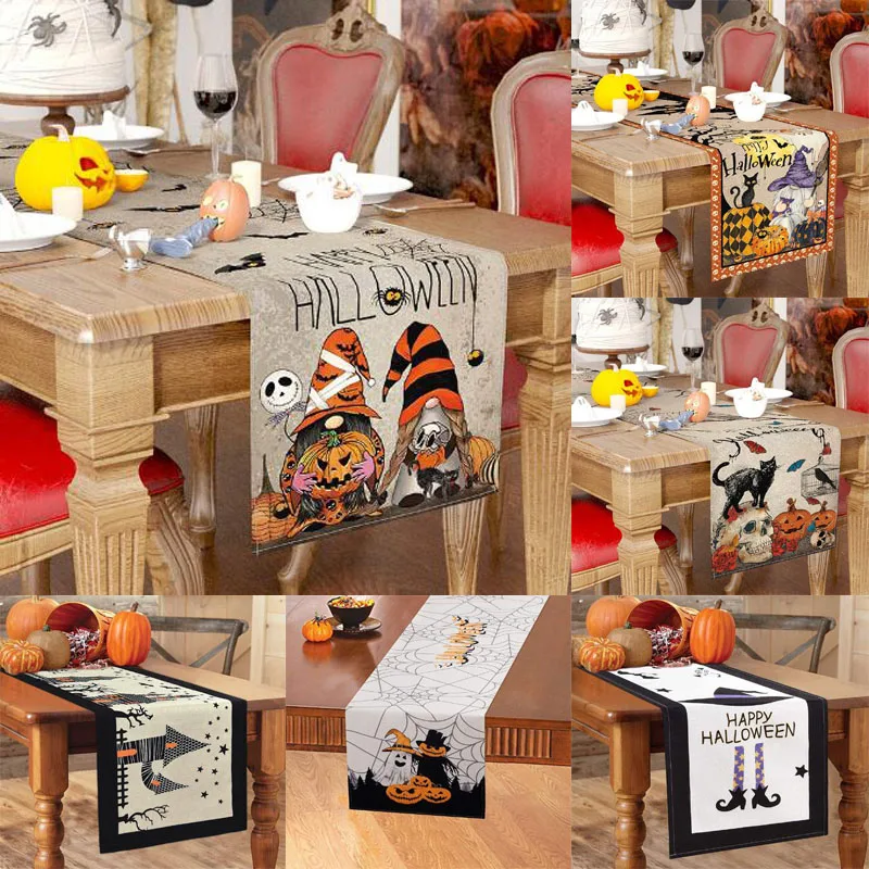 

Fashion Linen Halloween Faceless Gnome Pumpkin Printed Bed Table Runner Flag Cloth Cover Elf Dwarf Tablecloth Home Party Decor