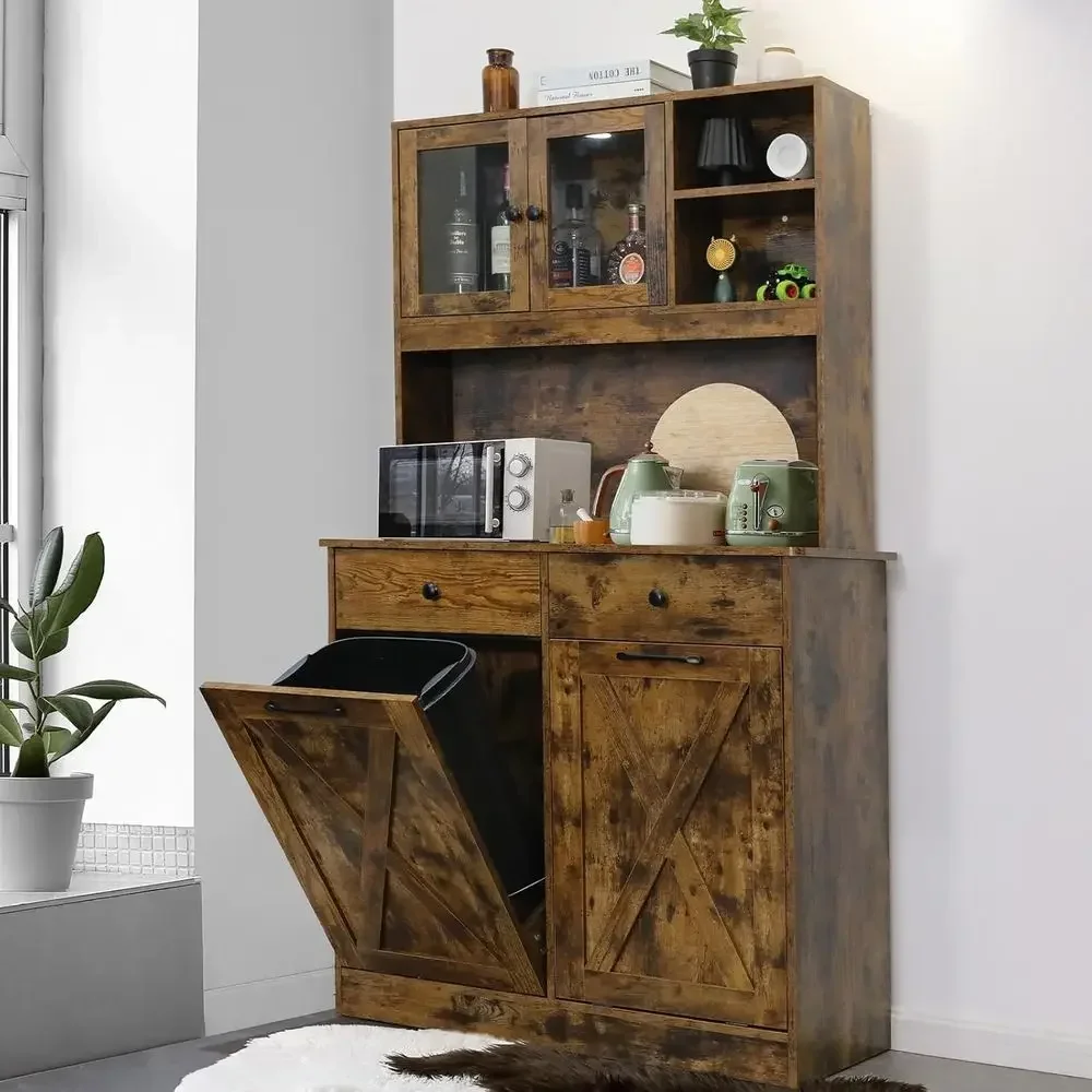 Vintage Wooden Kitchen Sideboard with Dual Trash & Storage, Pet Proof, 20-Gallon Hidden Bins, Laundry Sorting, Barn Door Style