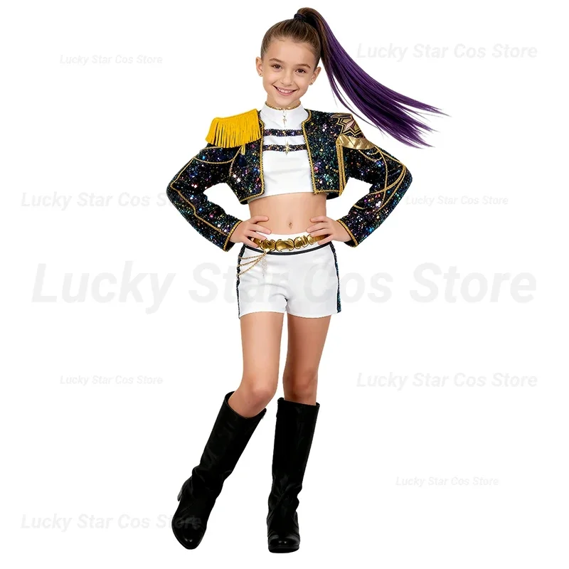 Kostum Cosplay Anak Perempuan Film Kpop Mira Print Demon Hunters Zoey Rumi Cosplay Karnaval Pakaian Pertunjukan Anak Perempuan Set Huntrix