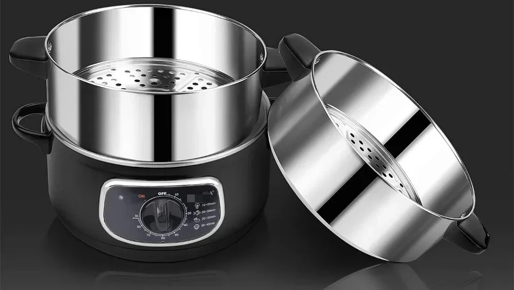 

# 2-х пароварка из нержавеющей стали, 8,5 кварты, электрическая пароварка со стеклянной крышкой, двухъярусные штабелируемые корзины с таймером