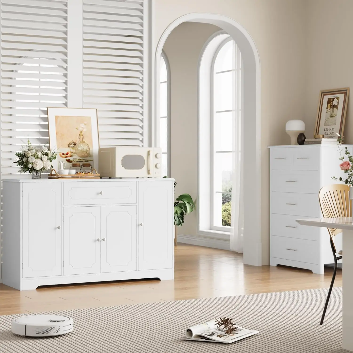 Современный белый буфет с ящиком и дверцами, большой шкаф для хранения вещей 47,2 дюйма с регулируемыми полками для кухни, Di