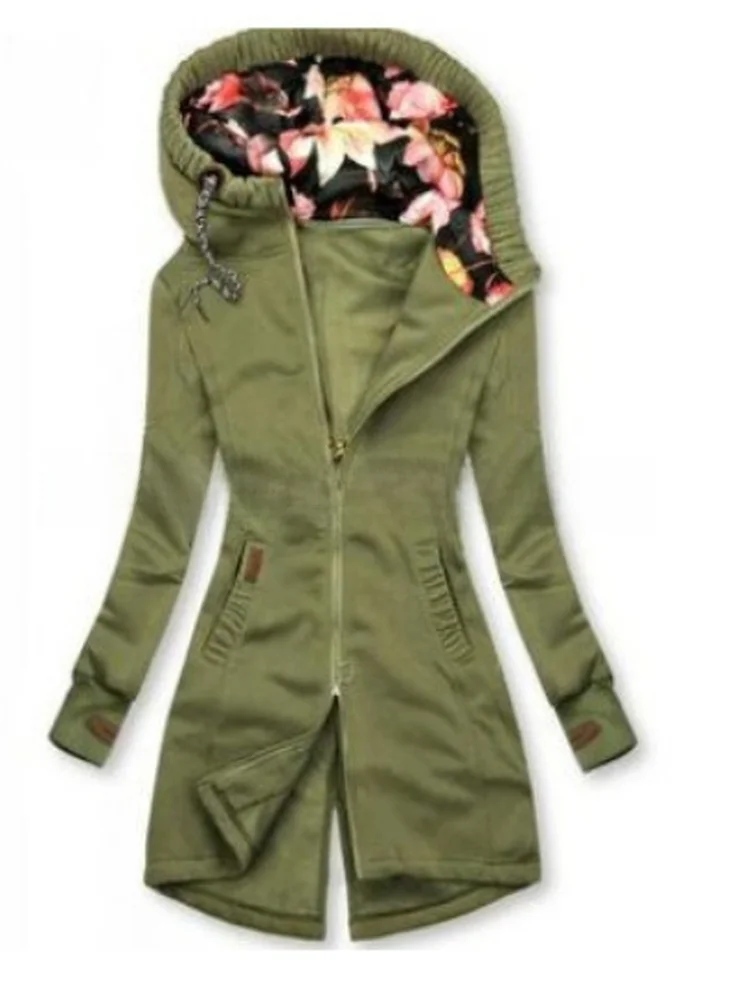 Casual Hooded Slim Fit Fashionable Autumn Winter Coat Women's Long Sleeve Zipper Closure Cotton Polyester Blend Outerwear