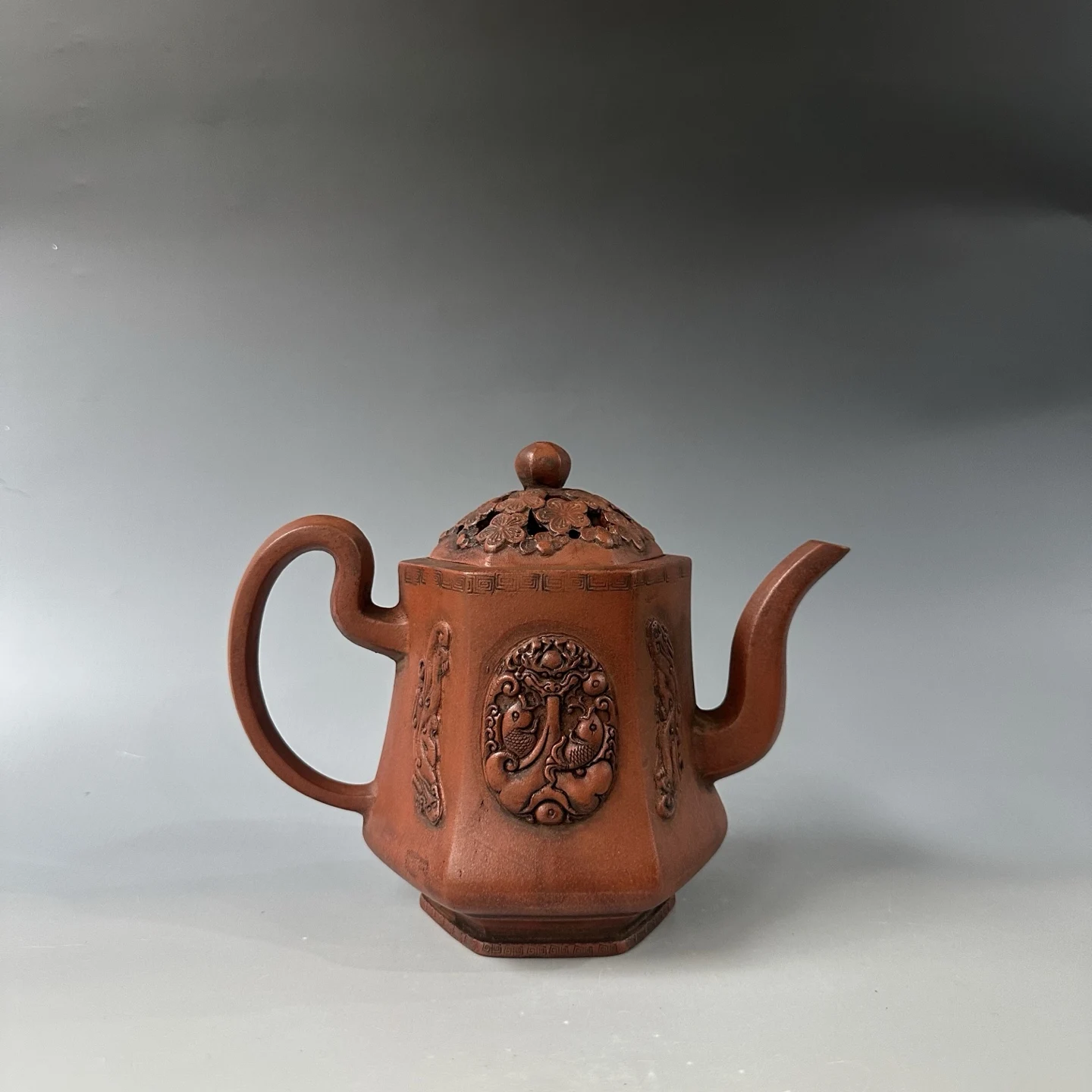 Old Chinese Handicraft Enameled YiXing Zisha Teapot,Fish,with mark, Free shipping