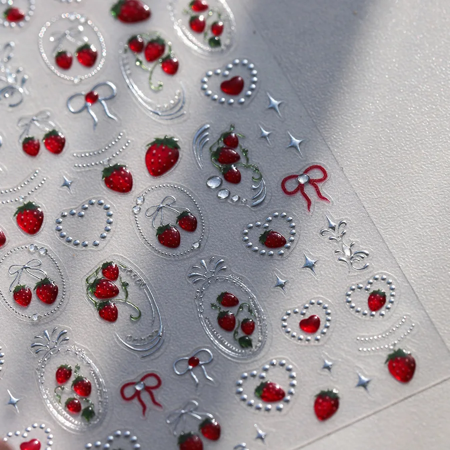 Fresh Sweet Fruits Strawberry Cherry Bowknot Love Heart Lemon 5D Nail Art Stickers Self Adhesive Decorations Nail Manicure Decal