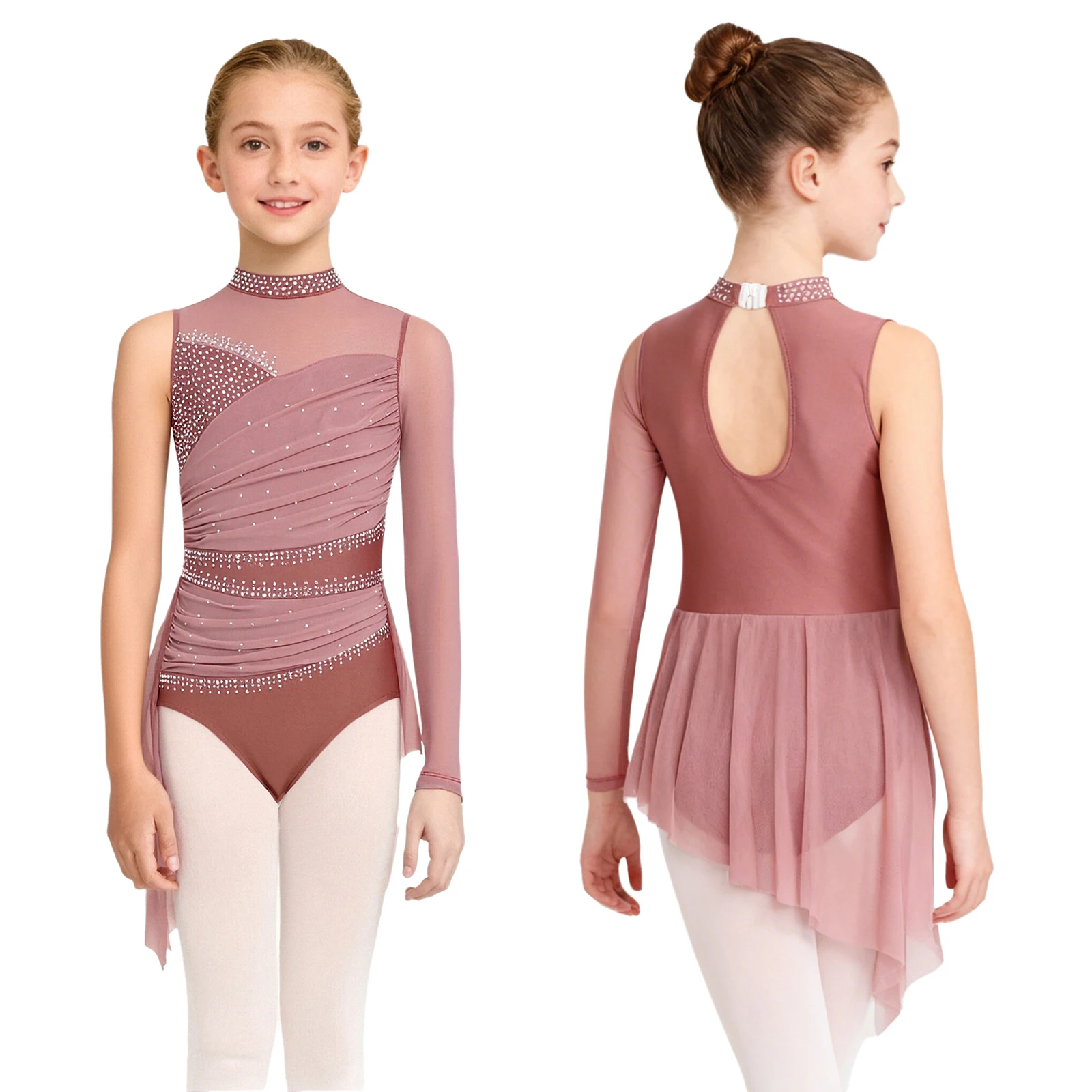 

Kids Girls Lyrical Dance Dress Rhinestones Ballet Artistic Figure Skating Performance Costume Ruched Mesh Skirted Leotard Dress