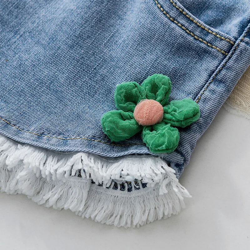 Cute Flower Baby Girls Denim Shorts Summer New Fashion Korean Version Kids Shorts Pants Birthday Gift 2-10 Yrs Children Clothing image 4