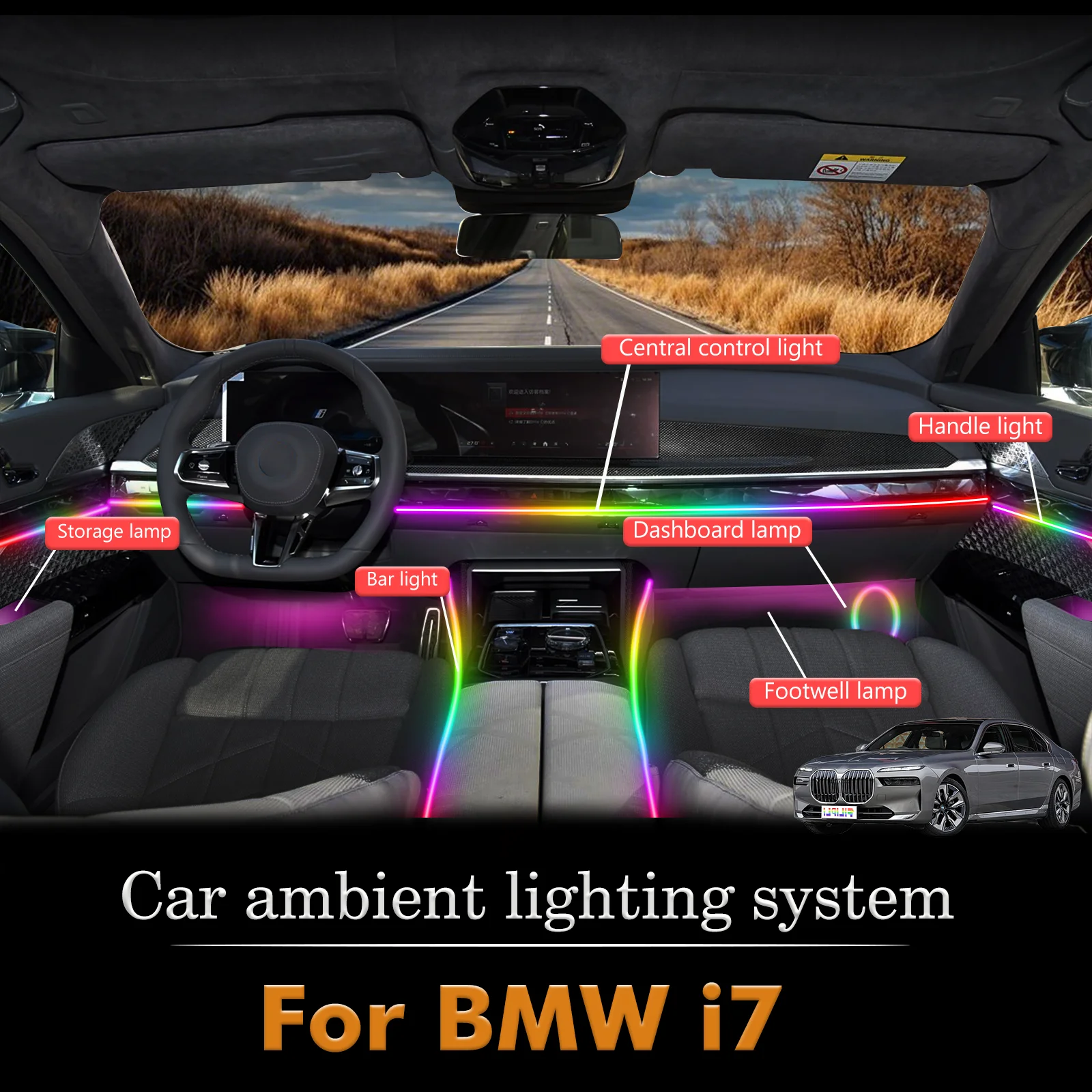 

For BMW i7 Car Interior Mood Ambient Light RGB 64-Color LED Smart Remote Control Atmosphere Lamp Energy Saving Set