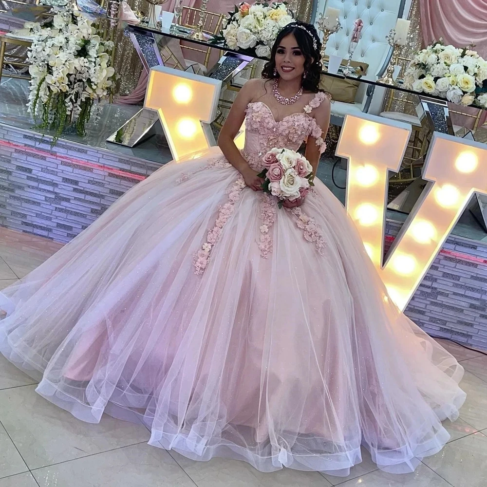 ANGELSBRIDEP Pink Ball Gown Vestido Quinceanera Um Ombro 3D Flores Beading Doce 15 Aniversário Prom Vestido de Festa Graduação