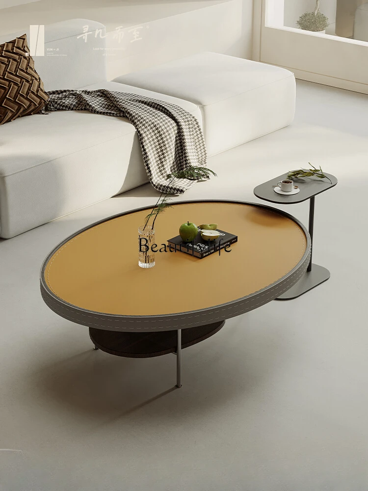 Light Luxury Saddle Leather Coffee Table Small Apartment Living Room Designer Art Size Combined Tea Table