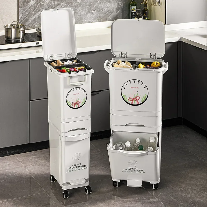 Large Capacity Kitchen Trash Can with Lid Double Layer Dry Wet Separation Classification Food Waste Bin Removable Household