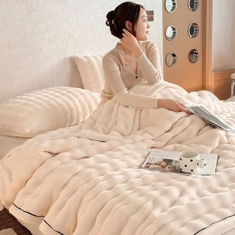 Single Layer Thick Bubble Faux Rabbit Fur Blanket Solid Casual Warm Bed Sheet for Bedroom Office Sofa Cover for All Seasons
