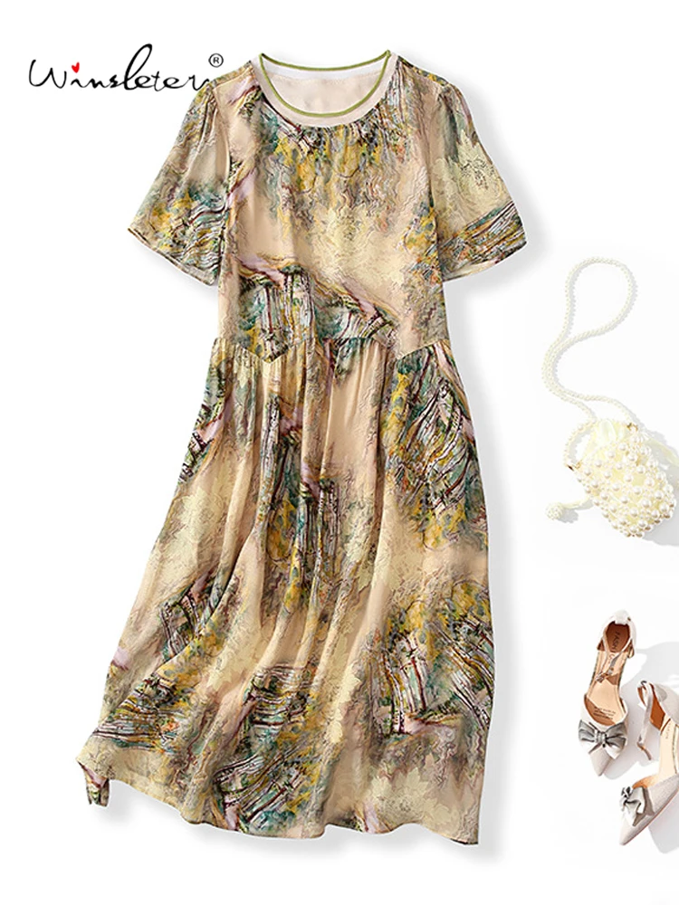 

Winsleter-Women 100%Real Silk Elegant Dress, O Neck Short Sleeve Print, Retro Versatile Commute Dresses, 2025 Summer D57311CC