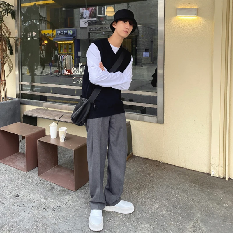 

Мужской вязаный жилет в корейском стиле, без рукавов, с V-образным вырезом, осенняя модная свободная молодежная трендовая верхняя одежда, куртка