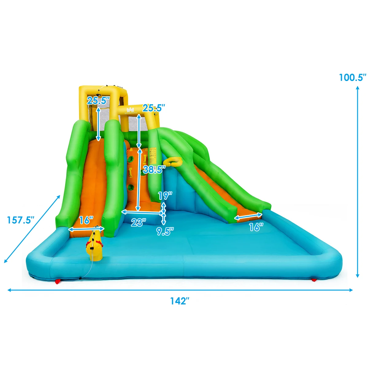 Inflatable Water Park Bounce House w/Climbing Wall Two Slides and Splash Pool