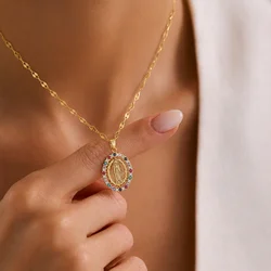 Gold Necklace Series, Best-selling Necklaces, Women's Necklaces, Jewelry Gifts.Oval Virgin Mary Pendant Necklace