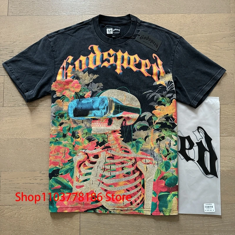 High Street Godspeed Top T-shirt Creative Colorful Skull Vision Print Crewneck Short Sleeve Loose Casual Tee Shirts Men Women