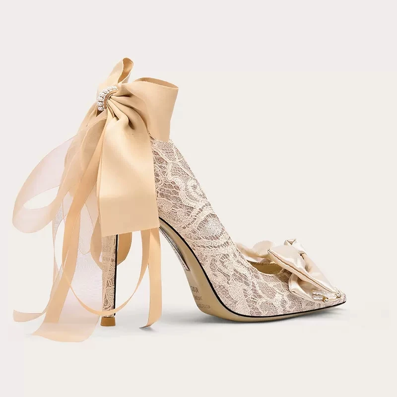 Spring and summer new pointy lace satin pearl ribbon bow single shoes thin high heels banquet dress large and small women's shoe