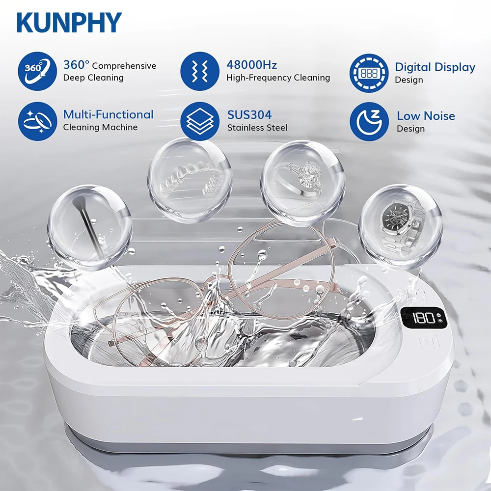 

KUNPHY Ultrasonic Jewelry Cleaner 350ML 48KHz Professional Ultrasonic Cleaner Machine with 3 Digital Timer Sonic for Glasses