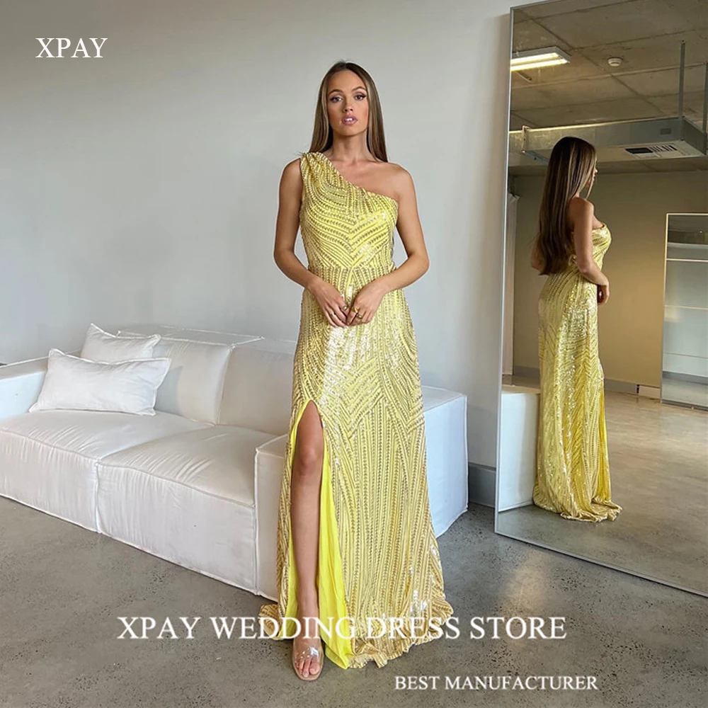 

XPAY Glitter Yellow A Line Evening Dresses Women Wedding Party Dress One Shoulder Split Floor Length Prom Gowns Formal Party