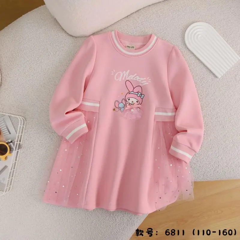 Sanrios Kuromi Girls Long Sleeve Dress Cartoon My Melody Cinnamoroll Autumn Gauze Skirt Preppy Pleated Skirt New Kids Clothes