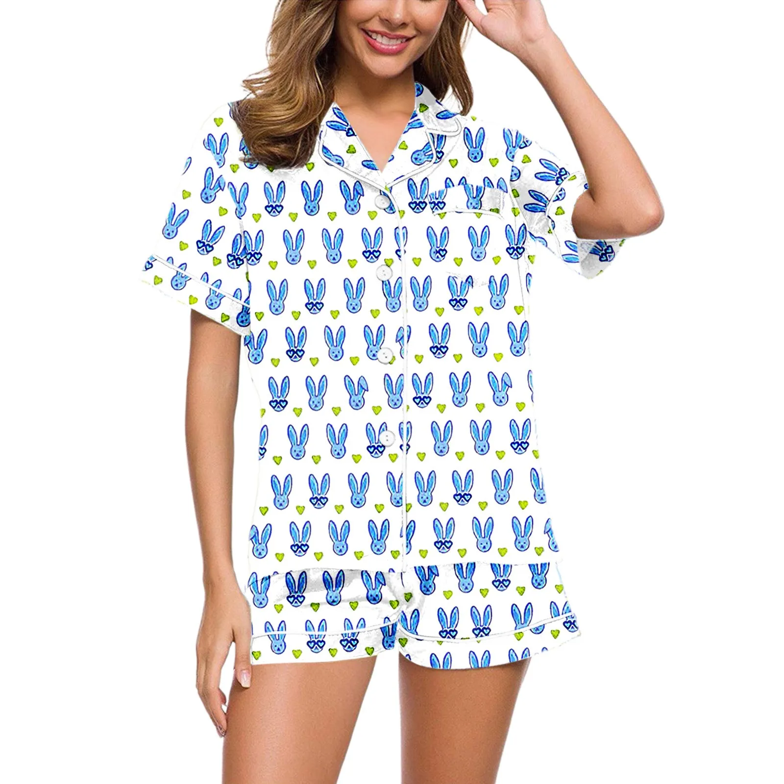 Women Rabbit Print Pajamas Short Sleeve Single Breasted Button Shirt And Shorts Pajama Set 2-Piece Kawaii Sleepwear Homewear