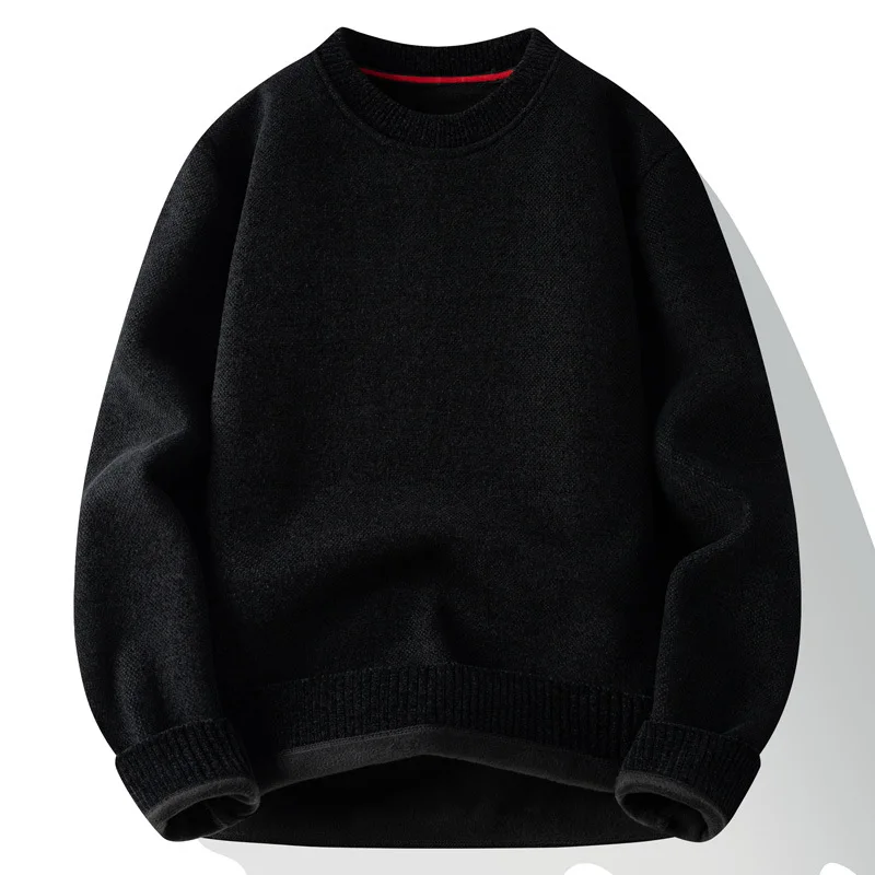 Autumn Winter Fleece Thicken Men's Sweater Solid Color O-neck Business Simple Casual Pullover Loose Cozy Warm Youth Male Tops