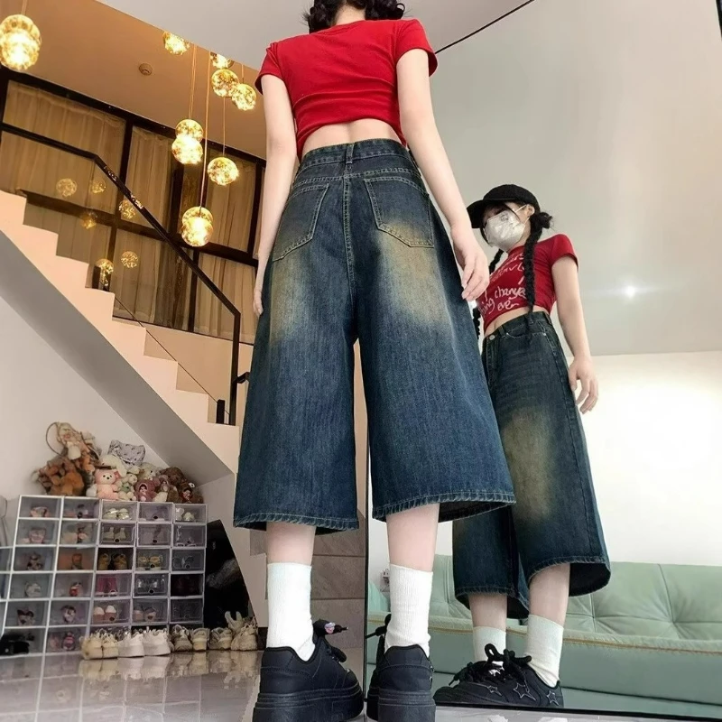 

Fashion Casual High-waisted Slimming Straight-leg Pants 2026 Summer American Retro Loose Wide-leg Denim Caprix Pants for Women